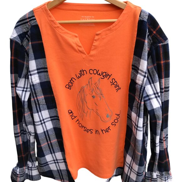 Upcycled Tee, Flannel Sleeves, Size M-L: Cowgirl Horse Graphic Shirt Remake - Picture 4 of 11
